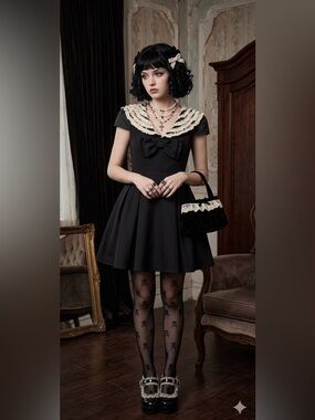 Black Mini Dress/Romper with Cream Lace Collar